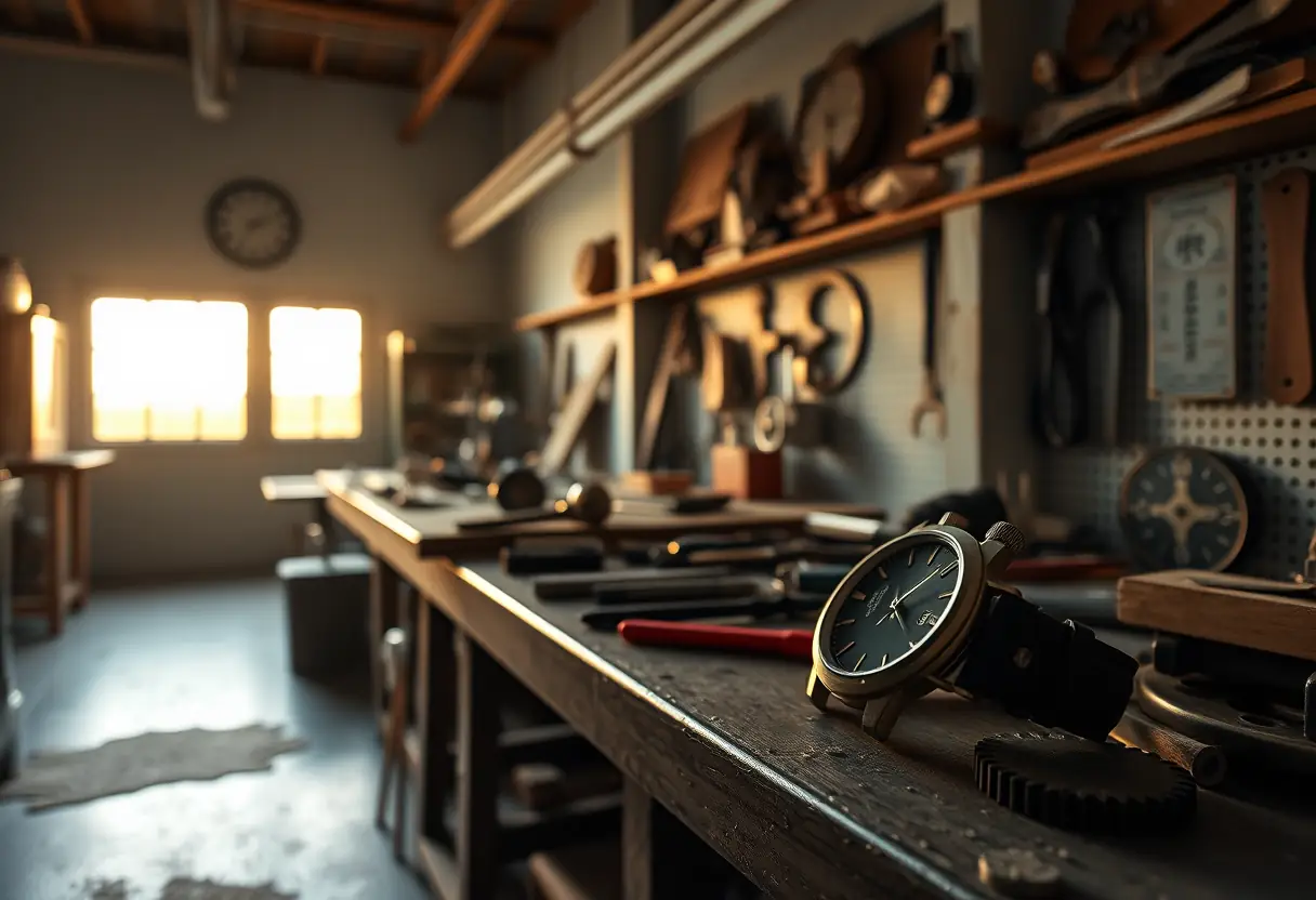Atelier vide au lever du jour, lumière du matin éclairant un plan de travail avec des outils et une montre à gousset