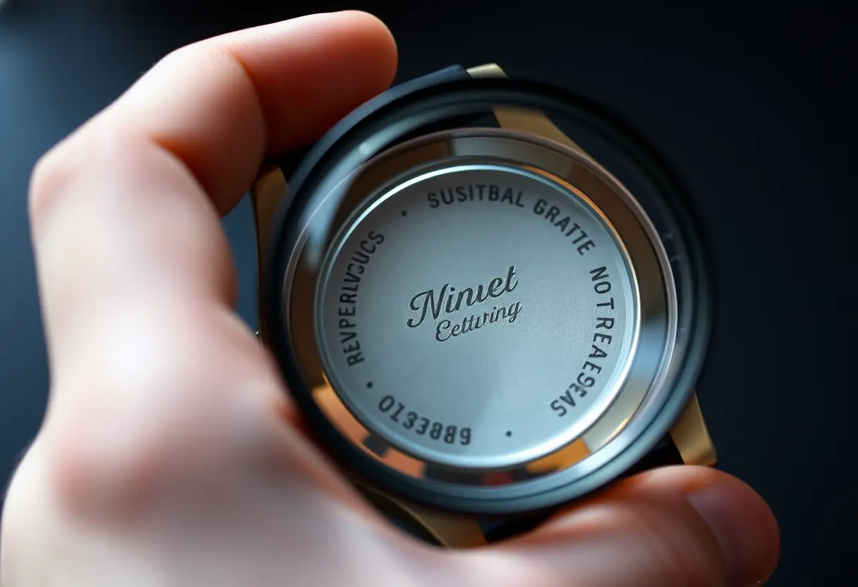 Des mains tenant une loupe sur un petit encrirement sur le dos d'une montre, lumières naturelles