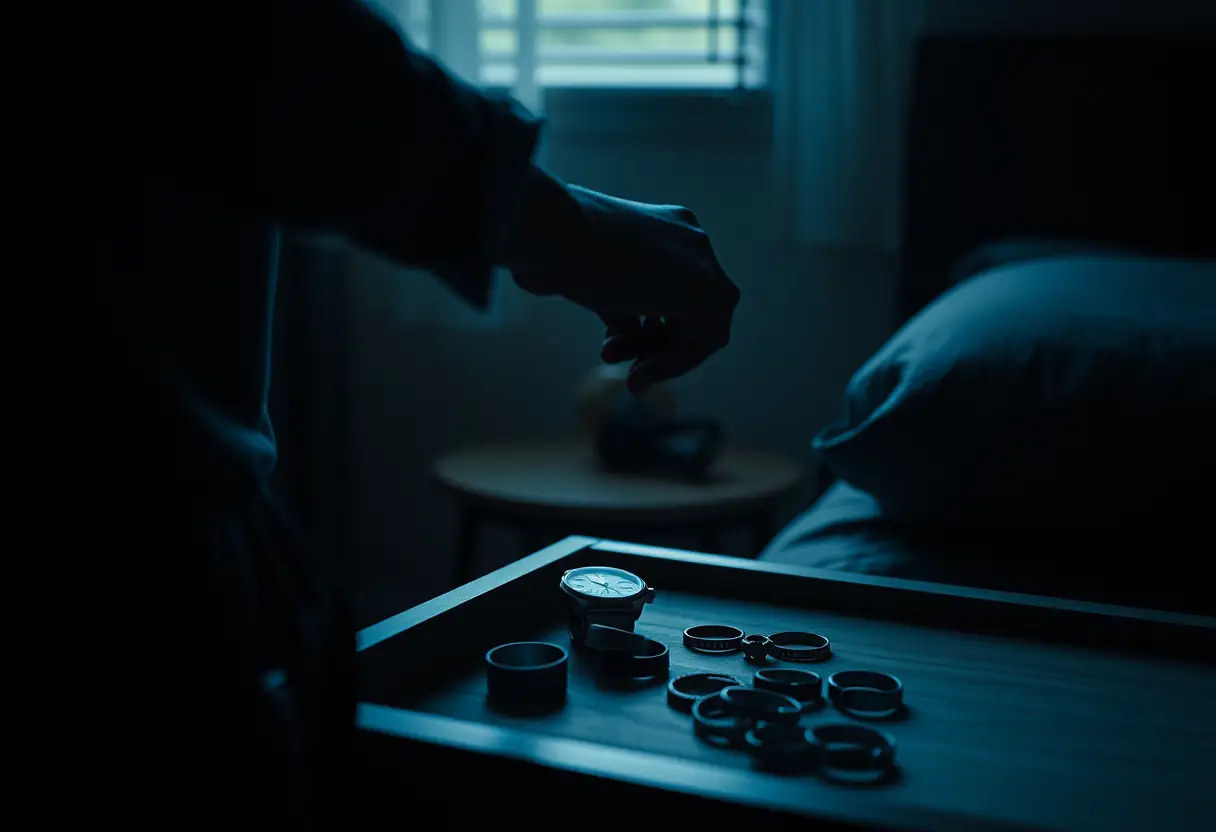 Silhouette d'une personne qui prend une montre connectée dans un tiroir de chevet avec des bracelets de rechange.