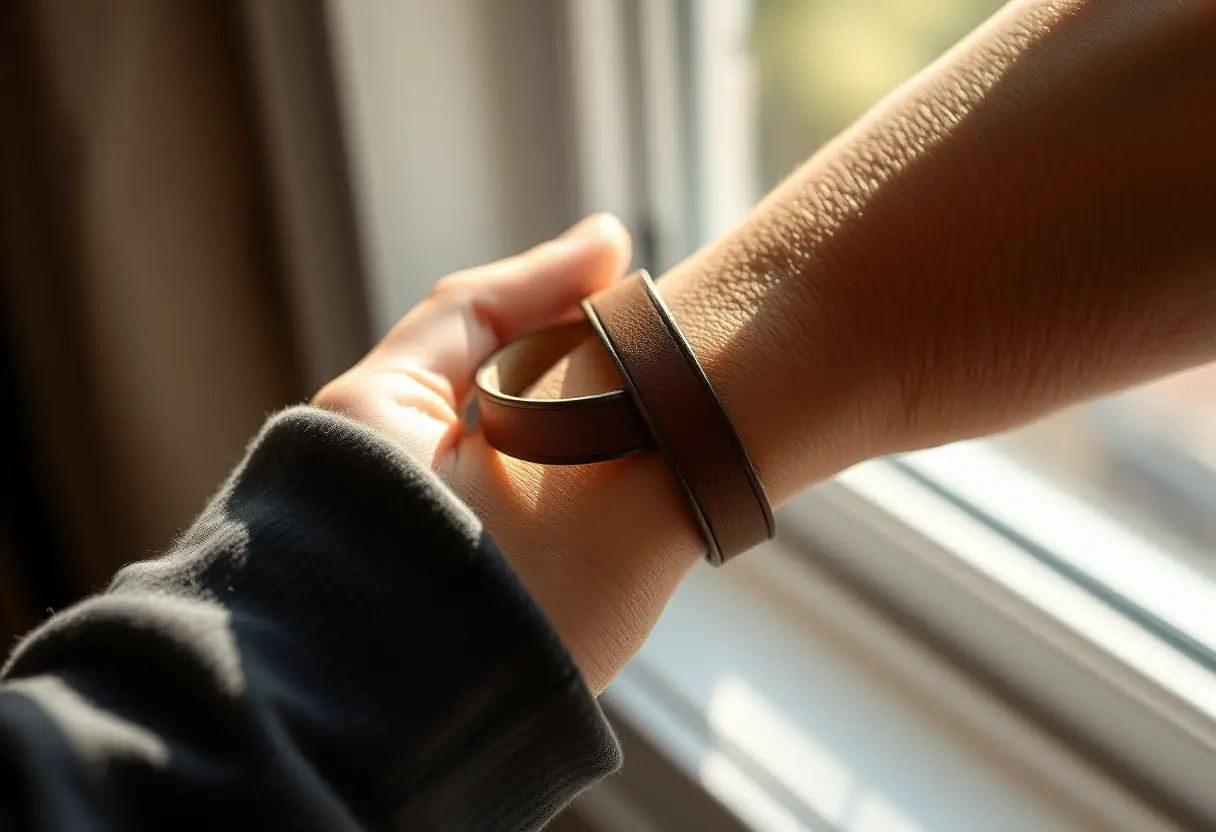 Main tenant un bracelet en cuir, lumière naturelle mettant en valeur le grain du cuir