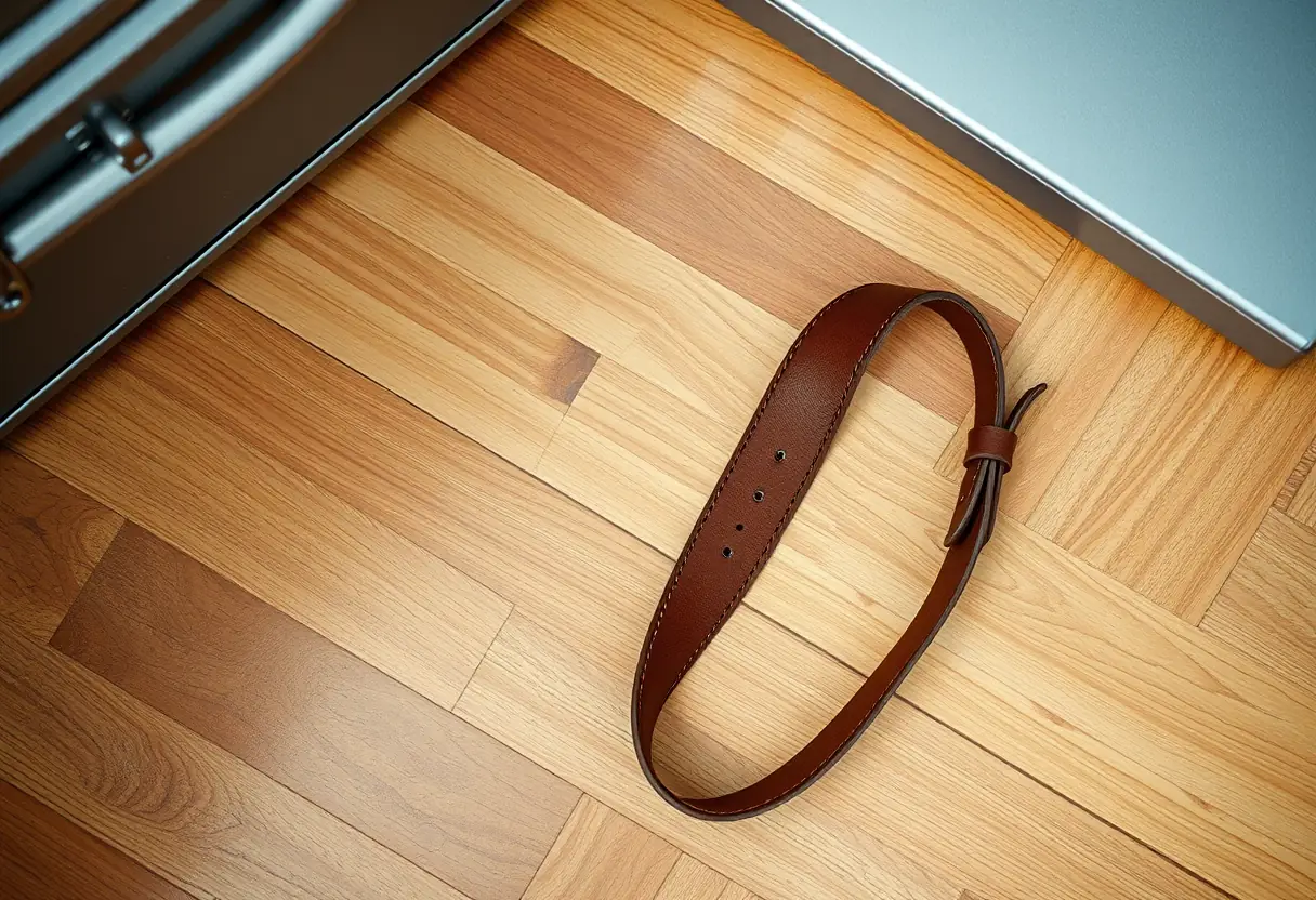 Un bracelet en cuir légèrement craquelé posé sur un plancher en bois ciré près d'une caisse à outils
