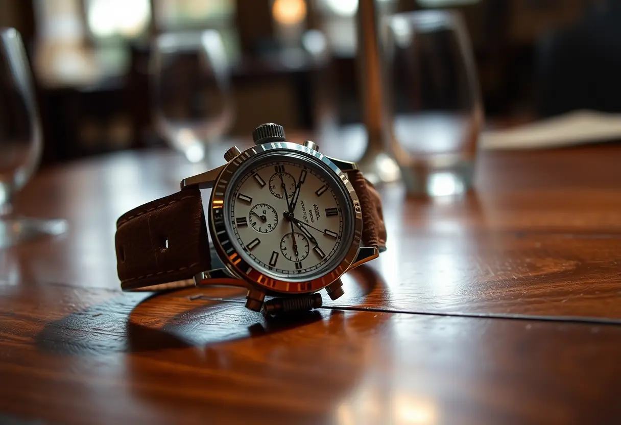 Une montre sur une vieille boucle en cuir, lumières tamisées d'un restaurant