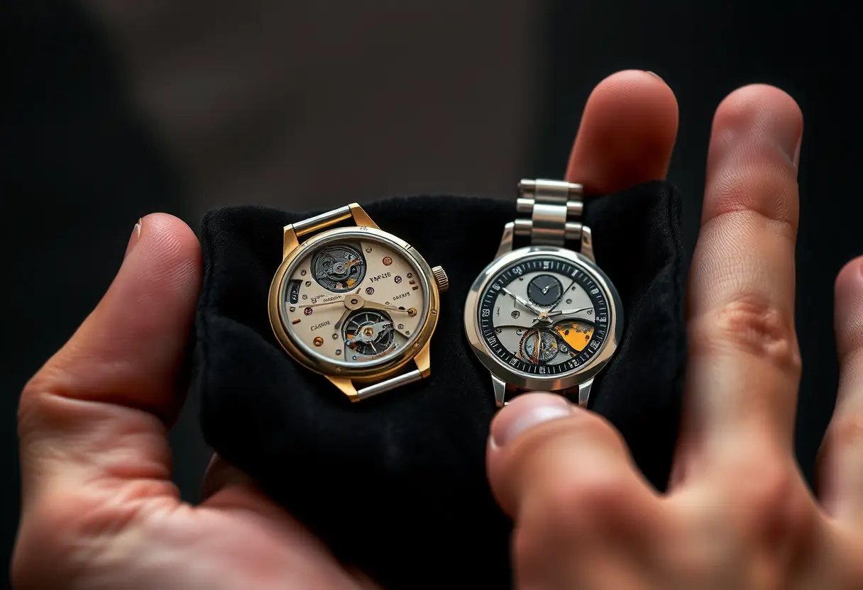 Main tenant une montre de luxe authentique à côté d'une contrefaçon, sur un velours noir