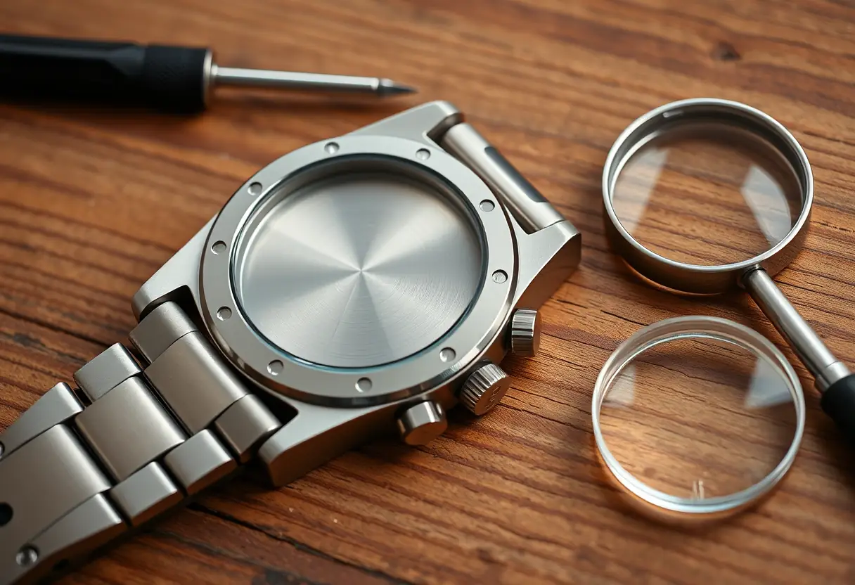 Une montre posée sur une table avec un outil de réparation.