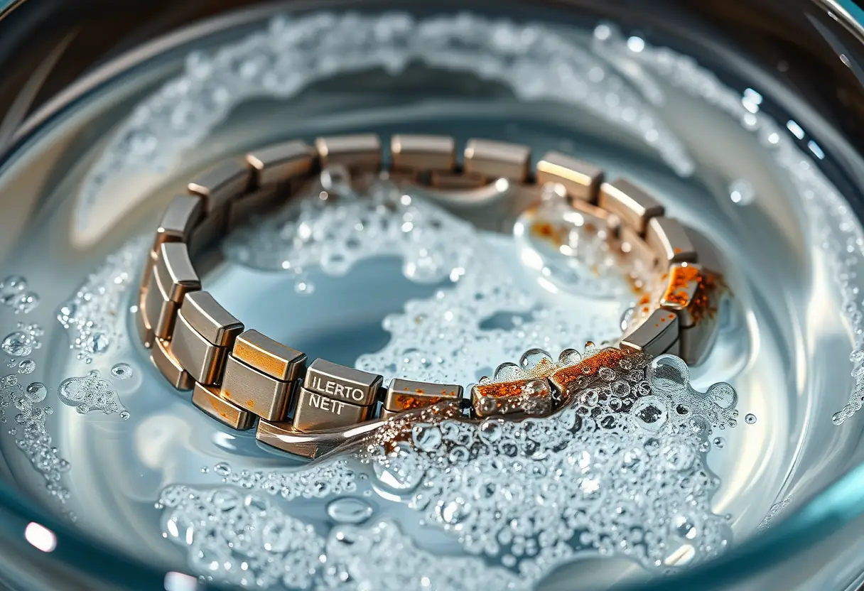 Un bracelet de montre en acier terni plongé dans une solution de nettoyage dans un bol en verre