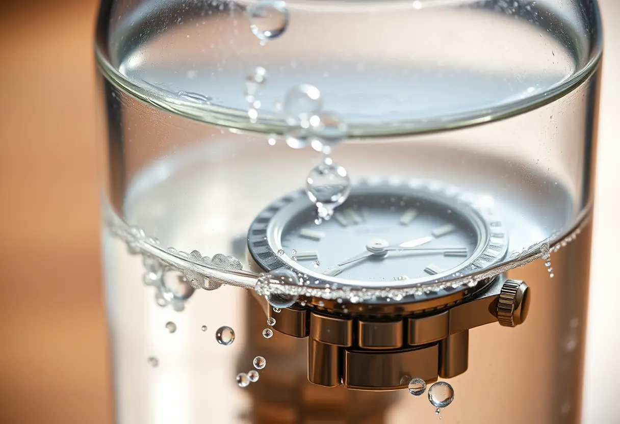 Un bracelet de montre métallique plongé dans une solution nettoyante