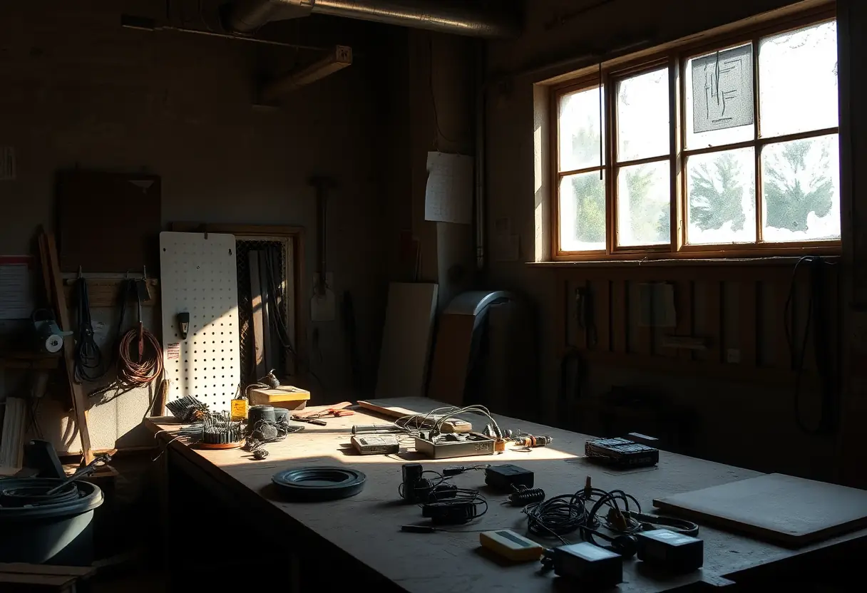 Atelier vide avec lumière naturelle filtrant à travers une fenêtre sale, outils et composants électroniques sur un plan de travail