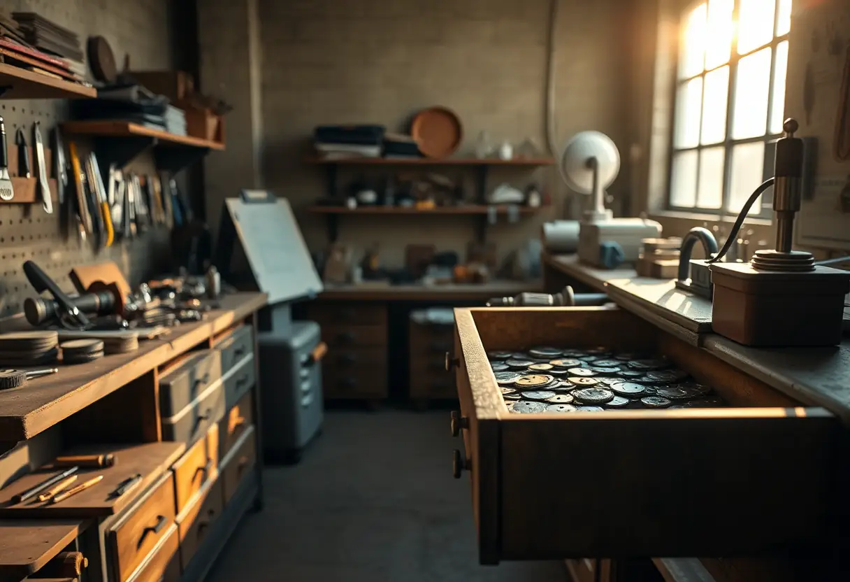 Un atelier désert au lever du jour, lumière du matin éclairant les outils et un tiroir contenant des pièces de montres