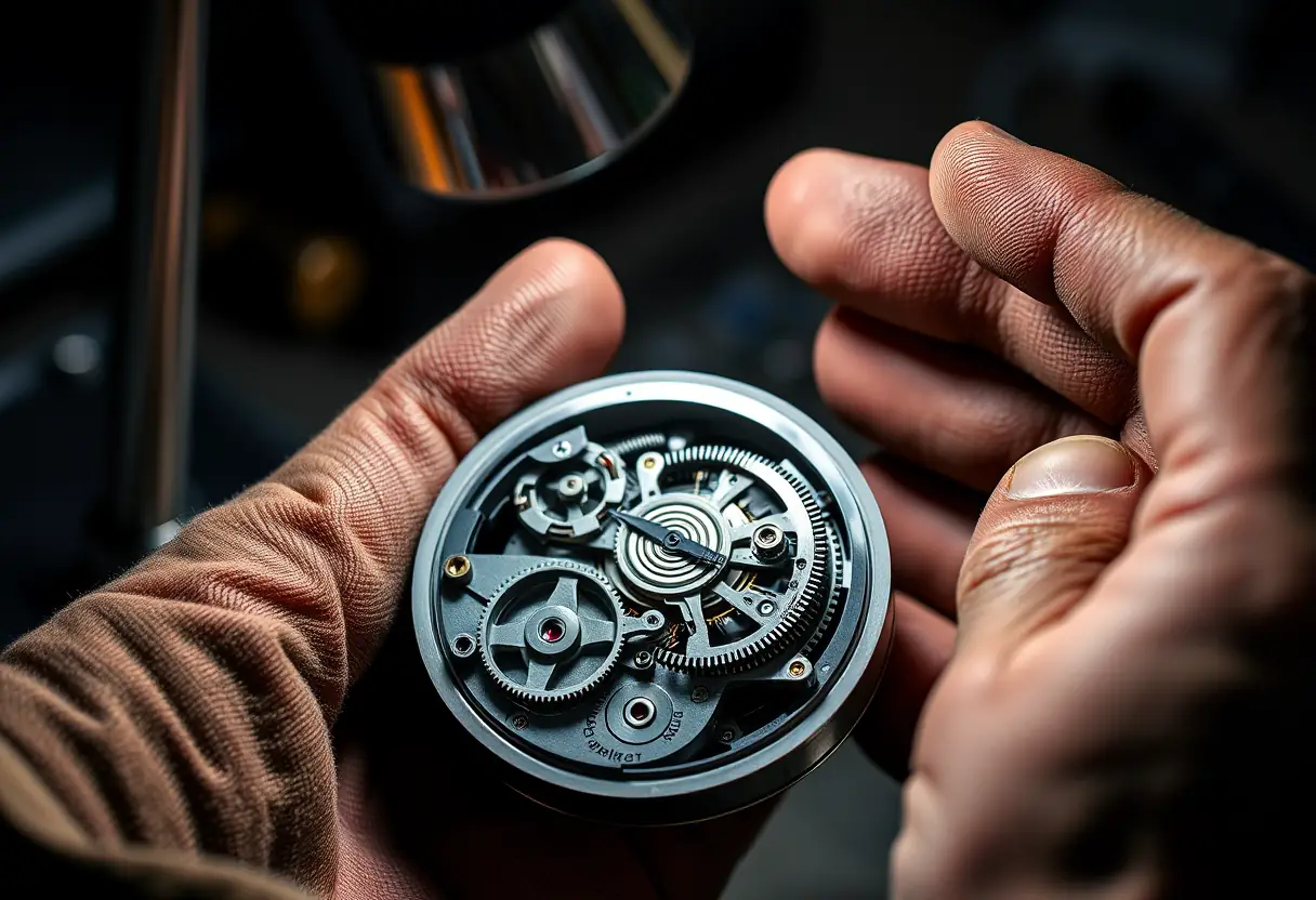 Mains d'un horloger ajustant les rouages d'un mécanisme de montre