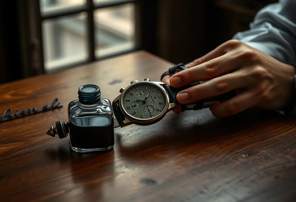 Une main humaine rembobinant une montre mécanique sur une table en bois ancien