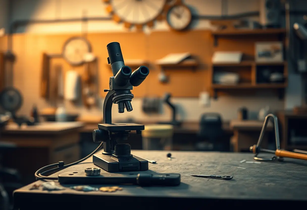Une pièce de montre sous microscope dans un atelier au lever du jour