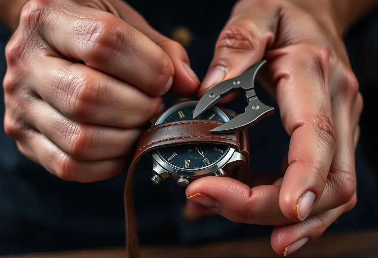 Une lanière de cuir serre une montre vintage, des mains ajustent la tension avec des pinces