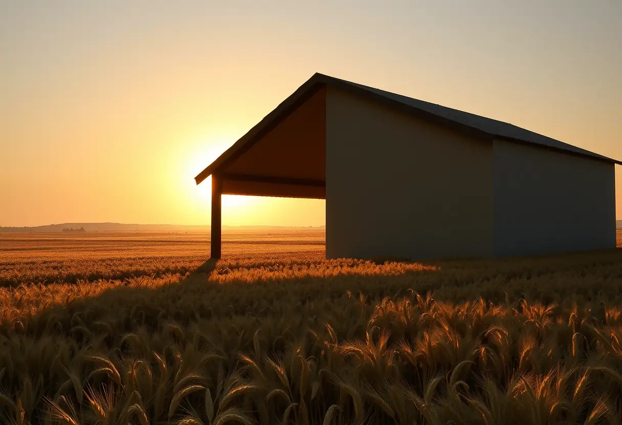 L'ombre d'un gnomon qui traverse un champ de blé, le soleil couchant