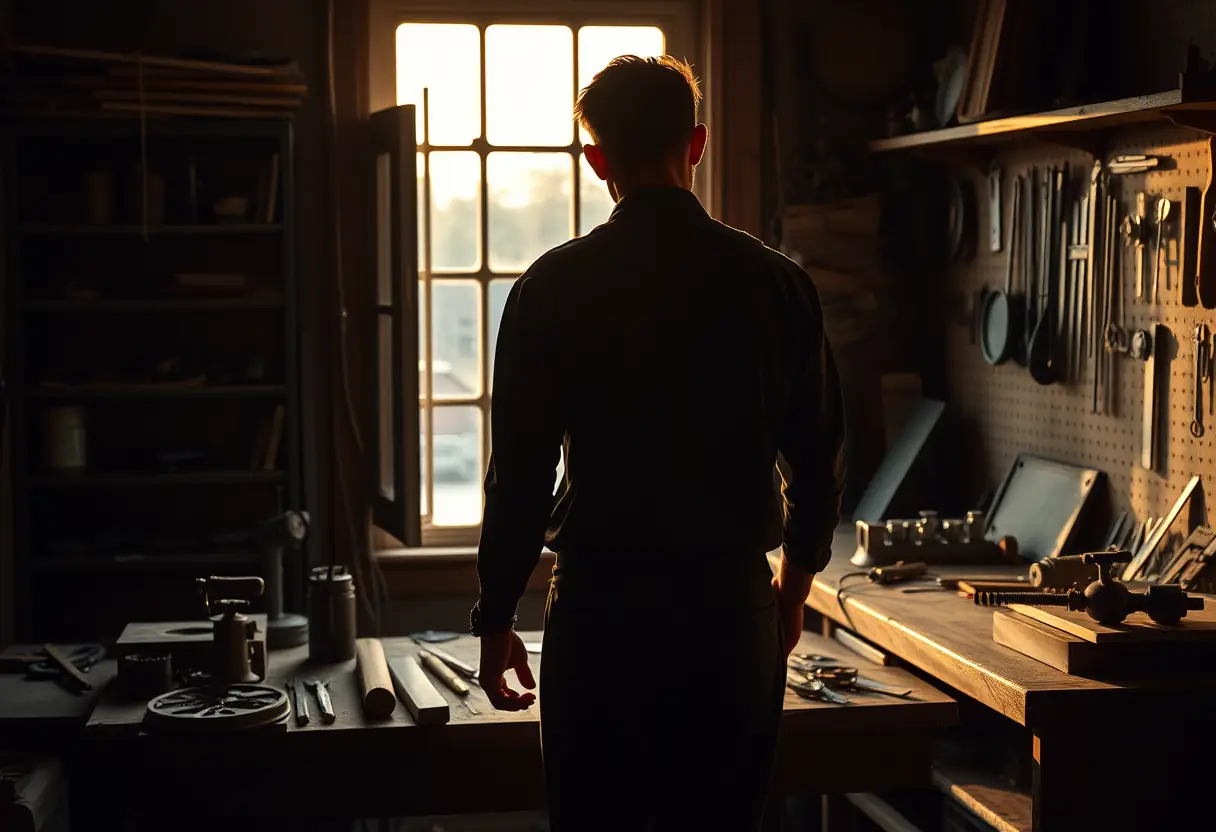 Silhouette d'un horloger devant une table de travail remplie d'outils et de mouvements incomplets