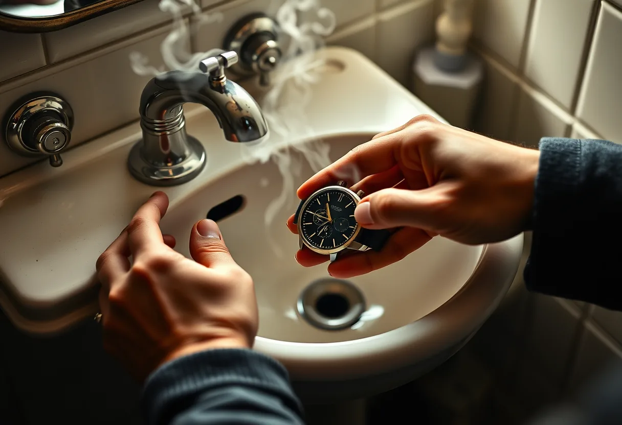 Des mains nettoient méticuleusement une montre mécanique sous un ancien lavabo dans une petite salle de bains, la vapeur s'élevant de la vasque
