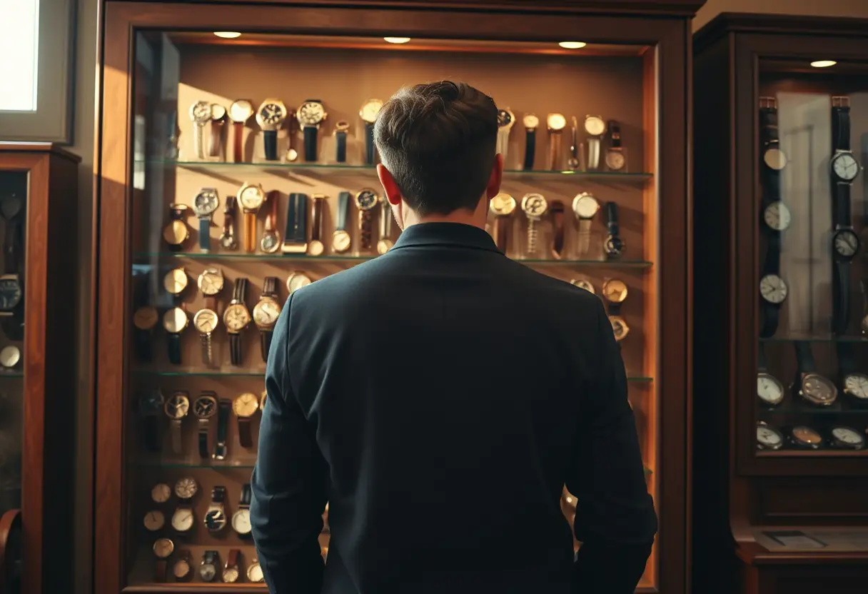 Une silhouette regardant des montres vintage exposées dans un cadre en bois
