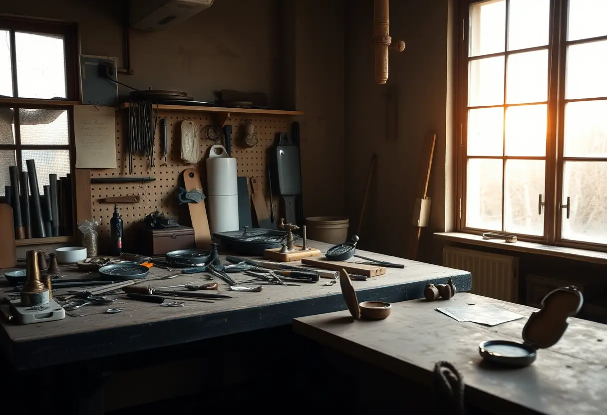 Un atelier horloger déserté au petit matin, des outils éparpillés sur un pupitre